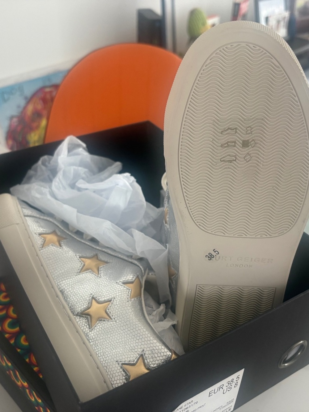 Kurt Geiger Silver w/gold stars leather sneakers size 8